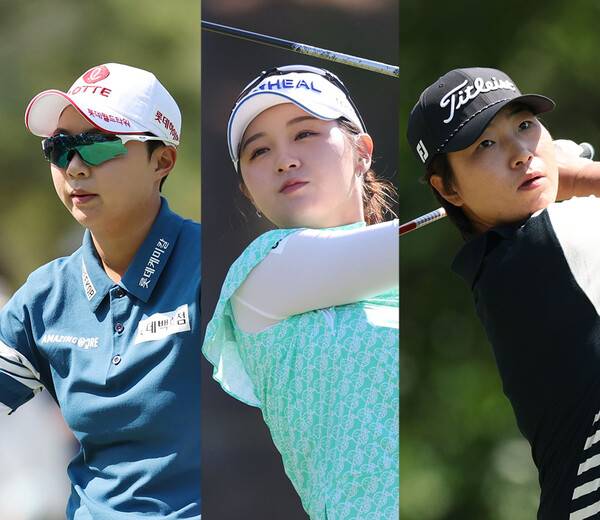 2026년 한국여자프로골프(KLPGA) 투어 NH투자증권 레이디스 챔피언십 우승 경쟁에 뛰어든 김효주, 박현경, 김지수 프로가 2라운드에서 경기하는 모습이다. 사진제공=KLPGA. (사진을 무단으로 사용하지 마십시오.)