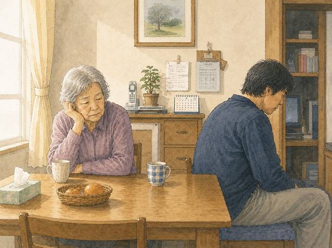 중년 자녀가 자립하지 못하고 노령 부모와 한 집에서 생활하는 모습. 기사의 이해를 돕기 위해 생성형 인공지능(AI)으로 제작한 이미지입니다.