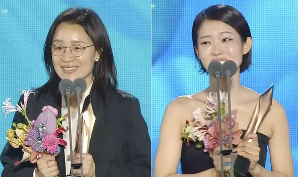 ▲2026년 5월8일 열린 백상예술대상 시상식에서 영화 '세계의 주인'으로 감독상을 수상한 윤가은 감독(왼쪽)과 여자 신인상을 수상한 서수빈 배우가 수상 소감을 밝히고 있다. 사진=백상예술대상 유튜브 갈무리
