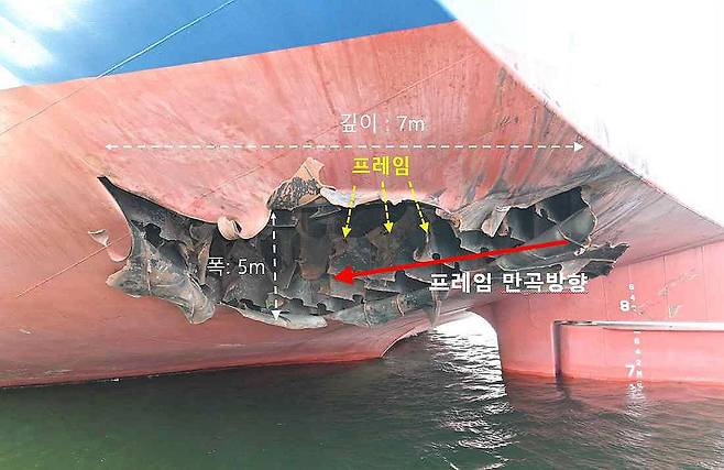 공개된 HMM 나무호 선체 파공 (서울=연합뉴스) 지난 4일 호르무즈 해협에서 일어난 한국 선박 화재 사건은 미상 비행체의 타격에서 비롯됐다고 정부가 밝혔다.
    외교부는 10일 이 같은 내용의 정부 합동 조사 결과를 발표하며 현장 조사단이 기록한 사진을 공개했다. 선체 하단에서 확인된 폭 5ｍ·깊이 7ｍ 파공. 2026.5.10
    [외교부 제공. 재판매 및 DB 금지] photo@yna.co.kr