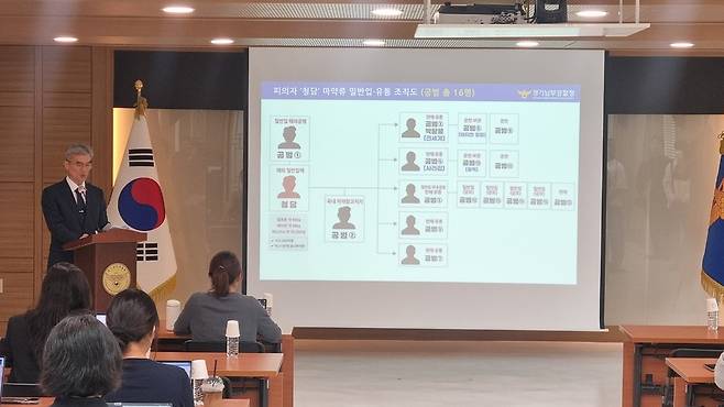 이재환 경기남부경찰청 마약국제범죄수사대장이 11일 오후 마약왕 박왕열에게 마약류를 공급한 혐의로 검찰에 송치된 최모 씨에 대한 수사 결과를 발표하고 있다.