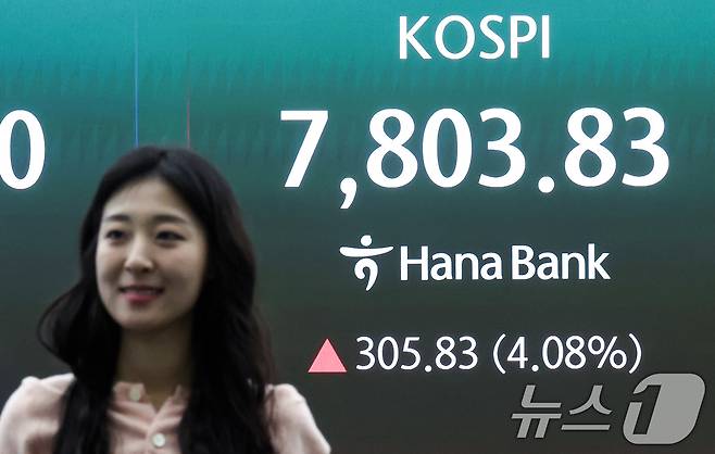 코스피가 개장 직후 7800선을 넘어 사상 최고치를 기록한 11일 오전 서울 중구 하나은행 본점 딜링룸 전광판에 코스피 지수가 표시되고 있다.  2026.5.11 ⓒ 뉴스1 임지훈 인턴기자