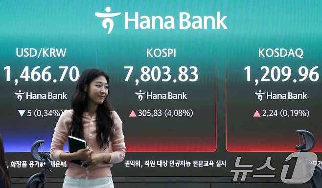 코스피가 개장 직후 7800선을 넘어 사상 최고치를 기록한 11일 오전 서울 중구 하나은행 본점 딜링룸 전광판에 코스피 지수 등이 표시되고 있다. 2026.5.11 ⓒ 뉴스1 임지훈 인턴기자