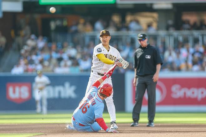 May 9, 2026; San Diego, California, USA; San Diego Padres second baseman Sung-Mun Song (24) throws to first base to complete the double play during the fourth inning against the St. Louis Cardinals at Petco Park. Mandatory Credit: David Frerker-Imagn Images







<저작권자(c) 연합뉴스, 무단 전재-재배포, AI 학습 및 활용 금지>