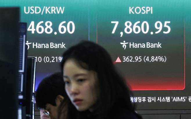 코스피가 장중 7860.95포인트를 돌파하며 매수 사이드카가 발동한 11일 오전 서울 중구 하나은행 본점 딜링룸 전광판에 코스피 지수 등이 표시되고 있다. 뉴스1