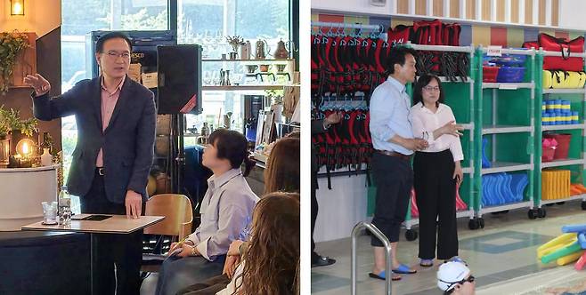 지난 6일 경기 시흥의 한 카페에서 임태희 경기교육감 예비후보가 학부모 간담회에서 현장체험학습을 설명하고 있다. 오른쪽은 안민석 경기교육감 후보가 같은 날 경기 오산 안동초에서 생존수영 수업에 참관한 모습. 임태희 예비후보 측, 김민상 기자