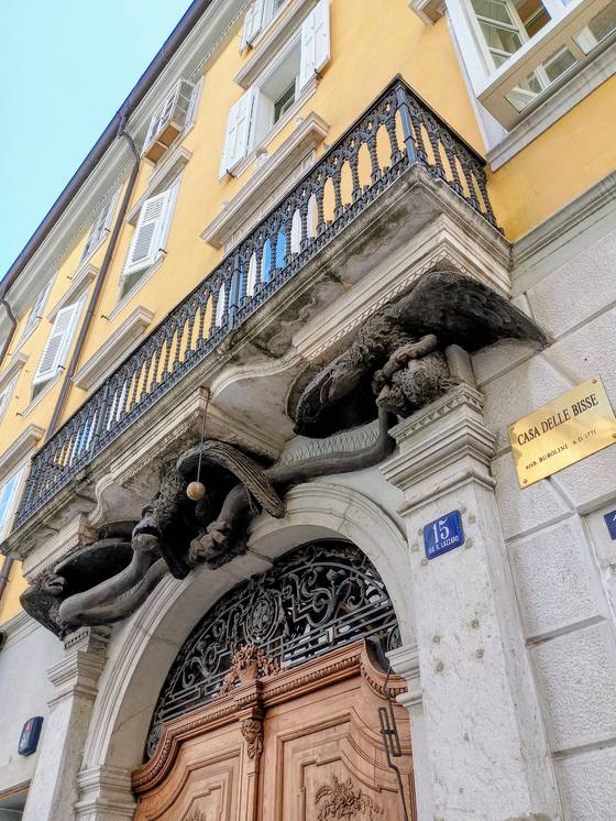 Home in Trieste built with vinegar instead of water in the mortar — above the door is a sculpture of three eagles tearing apart a snake, symbolizing the defeat of the French emperor Napoleon by Russia, Prussia and Austria [JOEL DOWN]