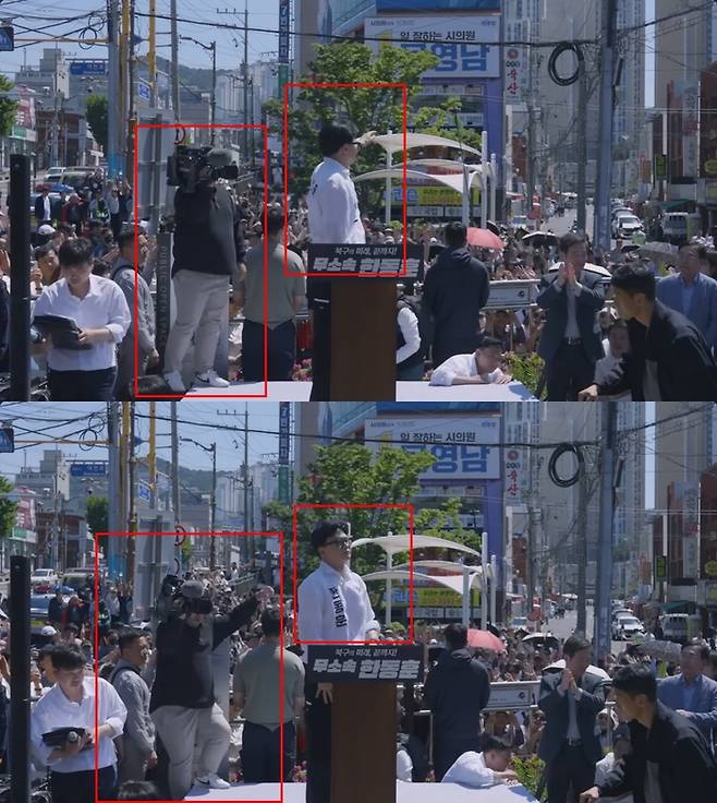 지난 9일 한동훈 무소속 후보가 부산 북구 구포시장 인근 쌈지공원에서 출마 선언 기자회견을 진행할 당시 현장 카메라 기자가 무대 아래로 떨어지는 사고가 발생했다. [한동훈 유튜브 영상 캡처]
