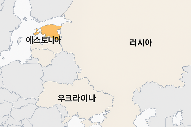 에스토니아(주황색)와 러시아, 우크라이나를 중심으로 한 동유럽 지도. 러시아와 맞닿은 에스토니아 북동부 국경은 나토 동부 방위선의 최전선으로 평가된다. 그래픽=서울신문 뉴미디어랩 제작·AI 이미지