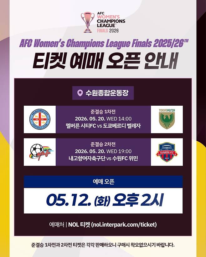 여자축구 수원FC위민이 12일부터 2025~2026 아시아축구연맹(AFC) 여자 챔피언스리그(AWCL) 4강전 입장권 예매를 시작했다.