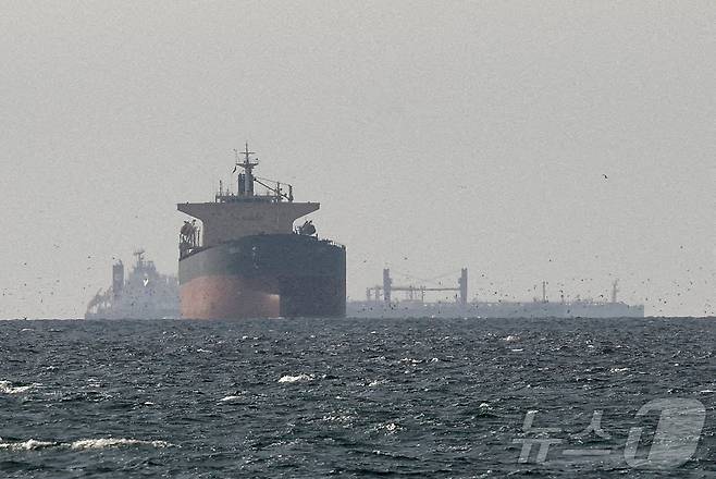 미국·이스라엘과 이란 간 충돌이 이어지던 지난 3월 11일(현지시간) 아랍에미리트(UAE) 북부 라스알카이마에서 바라본 걸프 해역의 화물선들이 호르무즈 해협 인근을 지나고 있다. 2026.5.10. ⓒ 로이터=뉴스1
