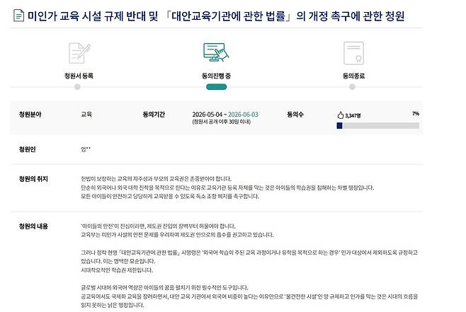 지난 4일 국회전자청원에는 ‘미인가 교육 시설 규제 반대 및 「대안교육기관에 관한 법률」의 개정 촉구에 관한 청원’이 올라왔다. /국회전자청원 캡처