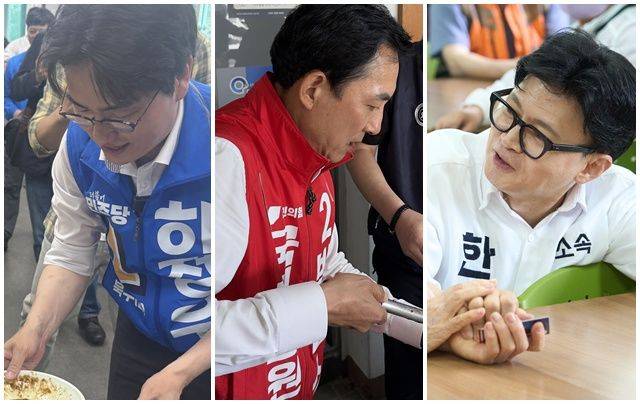 부산 북갑 국회의원 보궐선거에 출마한 더불어민주당 하정우·국민의힘 박민식·무소속 한동훈 예비후보 ⓒ데일리안 오수진 기자·박민식 캠프