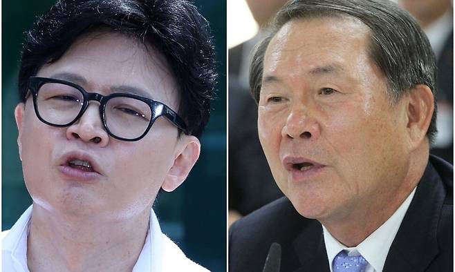 한동훈 부산 북갑 보궐선거 무소속 후보와 한 후보 후원회장에 위촉된 정형근 전 한나라당 의원. 연합뉴스