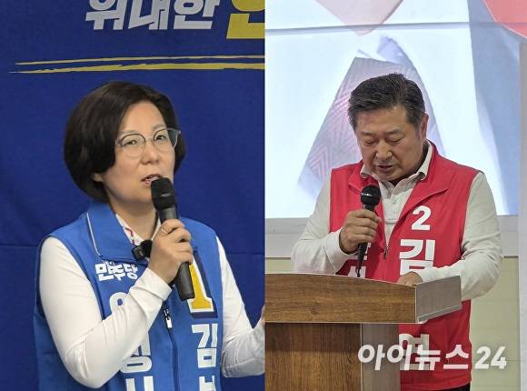 (왼쪽부터) 더불어민주당 김보라 안성시장 후보, 국민의힘 김장연 안성시장 후보. [사진=임정규 기자]