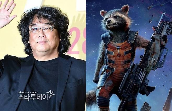 봉준호 감독과 가오갤의 로켓 [사진출처=스타투데이, 영화 가디언스 오브 갤럭시 포스터/ 편집]