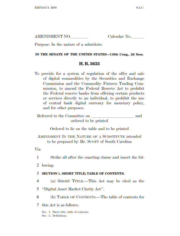 미 상원 은행위원회가 12일(현지시간) 전격 공개한 ‘디지털 자산 시장 명확성 법안(CLARITY Act)’ 수정안 전문 표지. 가상자산 시장의 규제 불확실성을 해소하기 위한 세부 조항이 담겼다. [사진 = 미 상원 은행위원회]