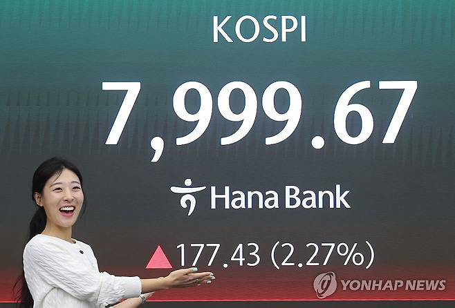 '8천 육박' 코스피, 오늘도 장중 최고치 (서울=연합뉴스) 박동주 기자 = 12일 서울 중구 하나은행 딜링룸 현황판에 코스피가 표시돼 있다. 
     지수는 전장보다 131.17포인트(1.68%) 오른 7,953.41로 출발해 7,900대를 유지하고 있다. 2026.5.12 pdj6635@yna.co.kr