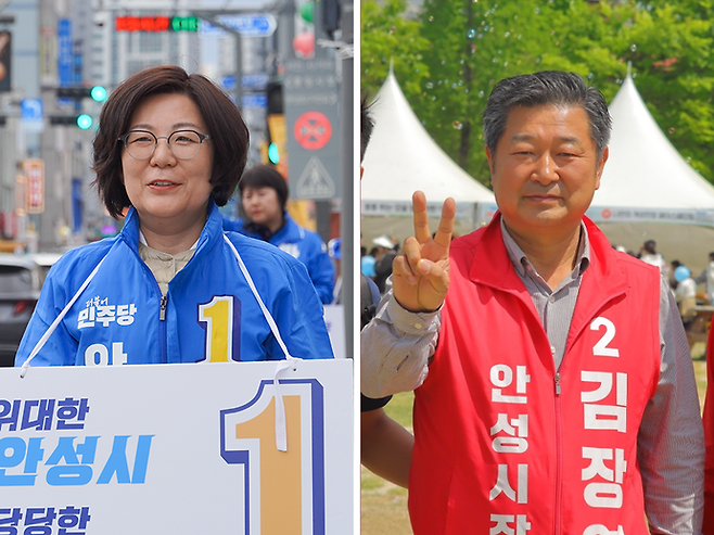 안성시장에 도전하는&nbsp;김보라 더불어민주당 후보와 김장연 국민의힘 후보.&nbsp;사진=김보라·김장연 후보 선거캠프