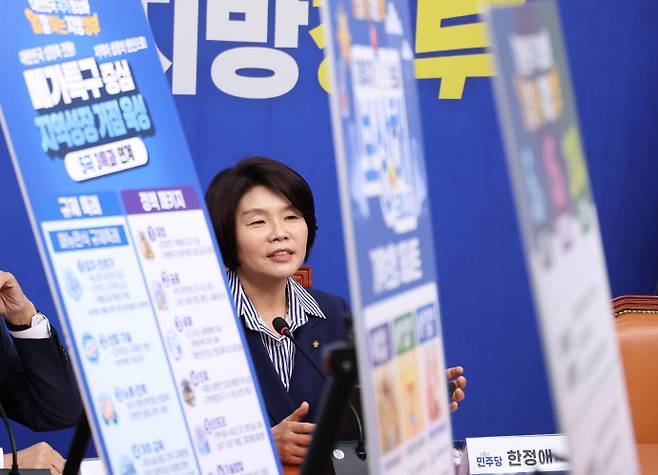 민주당 메가특구 공약 발표더불어민주당 한정애 정책위의장이 13일 국회에서 제9회 전국동시지방선거 더불어민주당 메가특구 공약 발표 기자회견을 하고 있다. /연합뉴스