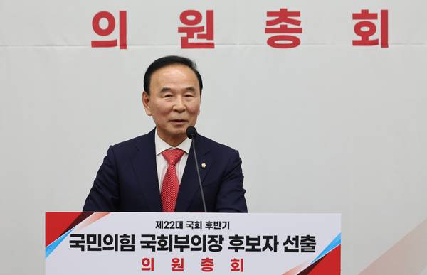 제22대 국회 후반기 당 국회부의장 후보자로 선출된 국민의힘 박덕흠 의원이 13일 국회에서 열린 제22대 국회 후반기 당 국회부의장 후보자 선출 의원총회에서 인사말을 하고 있다. /연합뉴스