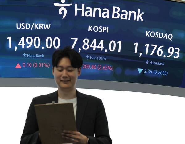 코스피가 전장보다 200.86p(2.63%) 오른 7844.01 로 마감하며 종가 기준 사상 최고치를 경신한 13일 오후 서울 중구 하나은행 딜링룸에서 딜러가 업무를 보고 있다.