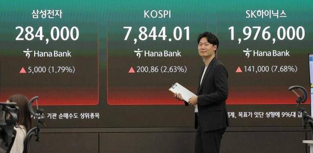 13일 서울 중구 하나은행 본점 딜링룸 현황판에 코스피, SK하이닉스, 삼성전자 종가가 표시되고 있다. [사진=연합뉴스]