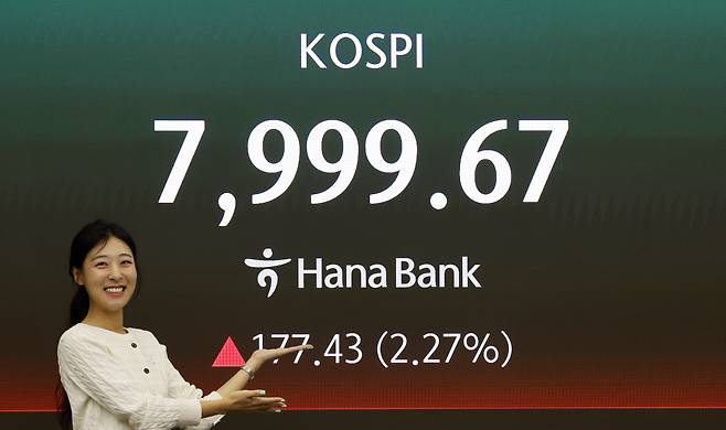 [서울=뉴시스] 김혜진 기자 = 코스피가 전 거래일(7822.24)보다 131.17포인트(1.68%) 상승한 7953.41에 개장한 12일 오전 서울 중구 하나은행 딜링룸 전광판에 지수가 표시 되고 있다. 코스닥 지수는 전 거래일(1207.34)보다 7.56포인트(0.63%) 오른 1214.90에 거래를 시작했다. 원·달러 환율은 전 거래일 주간거래 종가(1472.4원)보다 2.6원 오른 1475.0원에 출발했다. 2026.05.12. jini@newsis.com(출처=뉴시스)