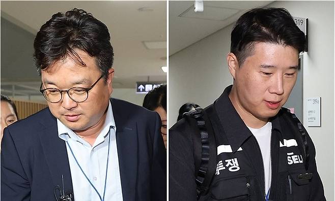 ▲13일 새벽까지 이어진 삼성전자 노사 2026년 임금협약 체결을 위한 중앙노동위원회의 제 2차 사후조정 절차가 결렬된 뒤 삼성전자 대표교섭위원인 김형로 부사장(왼쪽)과 최승호 초기업노조 삼성전자지부 위원장(오른쪽)이 세종시 정부세종청사 중앙노동위원회 협상장을 어두운 표정으로 떠나고 있다. 사진=연합뉴스