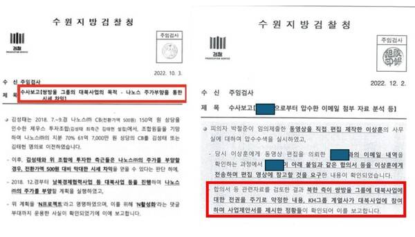 탐사보도그룹 워치독이 입수한 수원지검 수사보고서. 수원지검은 2022년 12월까지 쌍방울로부터 압수한 자료를 분석해 "쌍방울 대북사업을 통한 주가부양 사건"이라고 결론 짓고 있었다. 2026.5.13. 워치독