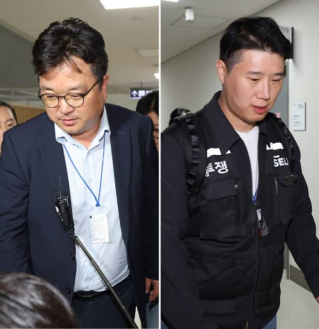 삼성전자 대표교섭위원인 김형로 부사장(왼쪽)과 최승호 초기업노조 삼성전자지부 위원장(오른쪽)이 13일 새벽 세종시 정부세종청사 중앙노동위원회에서 2026년 임금협약 체결을 위한 2차 사후조정이 결렬된 후 협상장을 각각 떠나고 있다. (사진=연합뉴스)