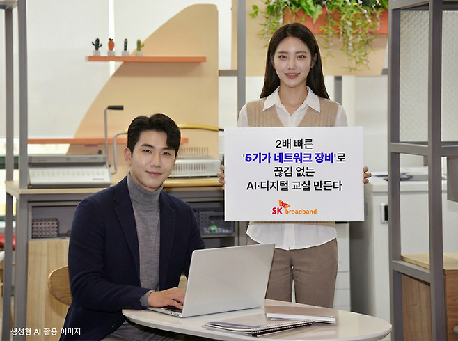 SK브로드밴드 모델들이 ‘5기가 PoE 스위치’를 홍보하고 있다. AI가 만든 이미지임.ⓒSK브로드밴드