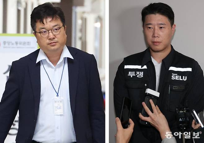 12일 정부세종청사 중앙노동위원회(중노위)에서 삼성전자 노사의 2차 사후조정 회의가 진행됐다. 중노위 조정회의실로 향하는 삼성전자 대표교섭위원 김형로 삼성전자 부사장(왼쪽 사진). 오른쪽 사진은 최승호 초기업노동조합 삼성전자지부 위원장이 교섭 도중 외부에 나와 기자들에게 상황을 설명하는 모습. 세종=뉴시스·박형기 기자 oneshot@donga.com