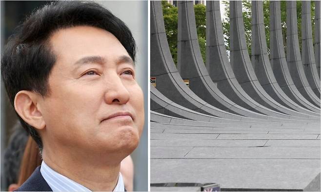 12일 ‘감사의 정원’ 준공식에 참여한 오세훈 국민의힘 서울시장 후보. 오른쪽은 ‘받들어총’을 연상하게 하는 조형물. 오 후보 페이스북 갈무리, 연합뉴스