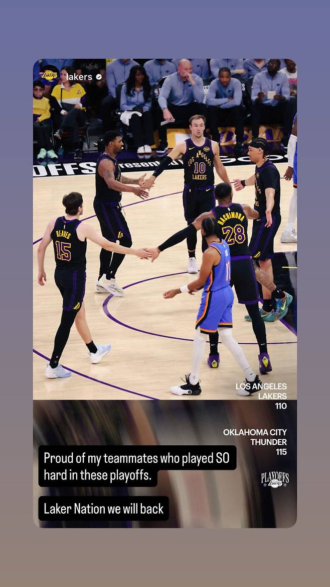 12일 오클라호마와의 2025~26 NBA 서부 PO 2라운드서 스윕패하며 시즌을 마감한 뒤 동료들에게 감사 인사를 전한 LA 돈치치. 사진=돈치치 SNS