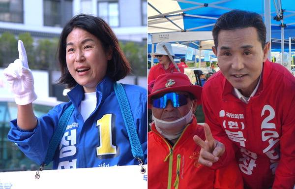 6·3 부산 북구청장 선거에 출마한 더불어민주당 정명희(왼쪽 사진), 국민의힘 오태원 후보가 손가락으로 기호를 표시하면서 유권자들에게 인사하고 있다.  각 후보 제공