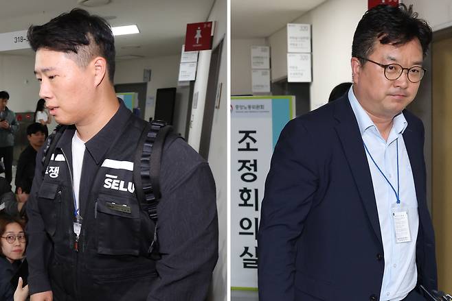 삼성전자 대표교섭위원인 김형로 부사장(오른쪽 사진)과 최승호 초기업노조 삼성전자지부 위원장(왼쪽 사진)이 13일 새벽 세종시 정부세종청사 중앙노동위원회에서 2026년 임금협약 체결을 위한 2차 사후조정이 결렬된 후 각각 협상장을 떠나고 있다. [연합]