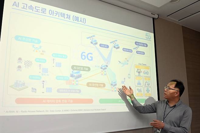정태식 ETRI 네트워크연구본부장이 AI 고속도로 아키텍쳐에 관해 설명하고 있다.[ETRI 제공]