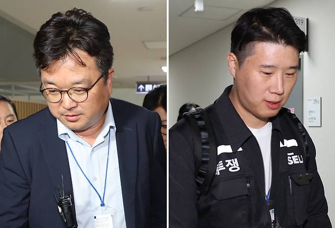 삼성전자 대표교섭위원인 김형로(왼쪽) 부사장과 최승호 초기업노조 삼성전자지부 위원장이 13일 새벽 세종시 정부세종청사 중앙노동위원회에서 2026년 임금협약 체결을 위한 2차 사후조정이 결렬된 후 협상장을 각각 떠나고 있다. [연합]