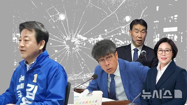 [평택=뉴시스] 더불어민주당 평택을 국회의원 재선거 김용남 후보와 민주당을 탈당한 유승영·오세호·서현옥. (사진=AI 이미지)