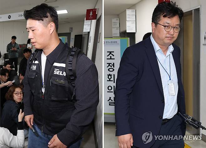 삼성전자 노사, 사후조정 결렬 (세종=연합뉴스) 김주성 기자 = 삼성전자 대표교섭위원인 김형로 부사장(오른쪽 사진)과 최승호 초기업노조 삼성전자지부 위원장(왼쪽 사진)이 13일 새벽 세종시 정부세종청사 중앙노동위원회에서 2026년 임금협약 체결을 위한 2차 사후조정이 결렬된 후 협상장을 각각 떠나고 있다. 2026.5.13 utzza@yna.co.kr