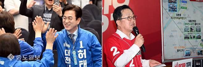 (왼쪽부터) 더불어민주당 허태정 대전시장 후보, 국민의 힘 이장우 대전시장 후보. (사진= 이성희 기자)