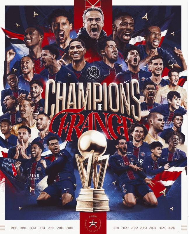 통산 10번째 리그 우승 타이틀을 추가한 파리 생제르맹. 사진=PSG 공식 SNS