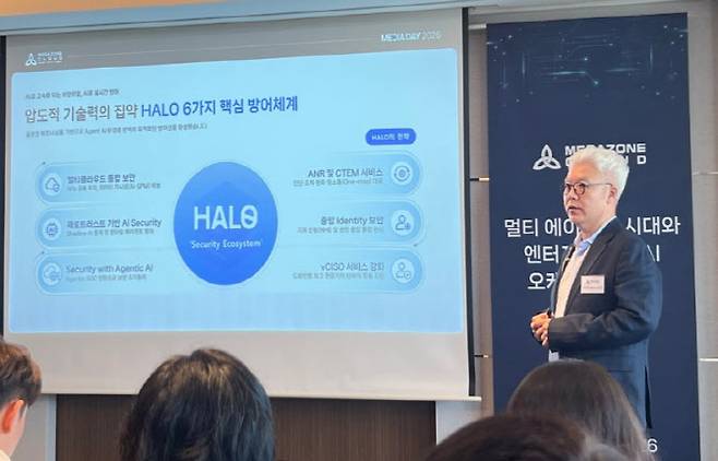 위수영 메가존클라우드 HALO 유닛장이 14일 롯데호텔 서울에서 열린 ‘메가존클라우드 미디어 데이’에서 발표하고 있다. (사진=신영빈 기자)