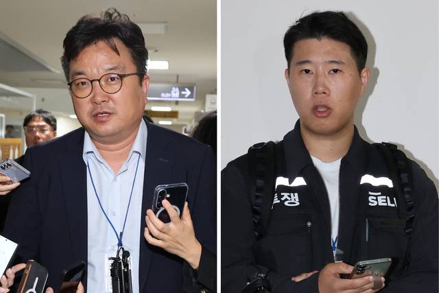 김형로(왼쪽) 삼성전자 대표교섭위원 부사장과 최승호(오른쪽) 초기업노조 삼성전자지부 위원장이 13일 새벽 세종시 정부세종청사 중앙노동위원회에서 2026년 임금협약 체결을 위한 2차 사후조정이 결렬된 후 협상장을 각각 떠나며 취재진의 질문에 답하고 있다. 연합뉴스