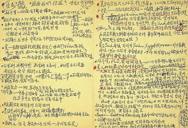 이희호 여사가 외부와 단절된 김 전 대통령을 위해 요약하여 정리한 메모. 사진 속 메모는 1981년 11월 16일 작성됐다. 사진 연세대 김대중도서관