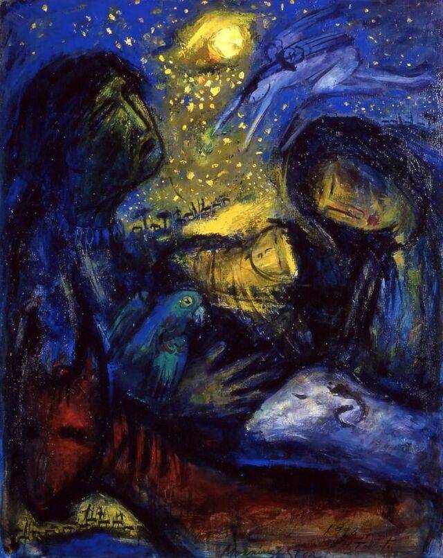 일본 화가 다바타 히로시의 98년 작품 '모닝 스타'. 밤 하늘의 별빛과 아기 예수를 감싸고 있는 마리아와 요셉 부부를 묘사한 유화 작품이다. 다바타 히로시 재단 제공