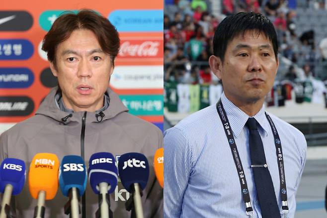 오는 6월 2026 국제축구연맹(FIFA) 북중미 월드컵이 개막하는 가운데 홍명보호는 첫 원정 8강 진출을, 일본 대표팀은 사상 첫 우승을 각각 목표로 삼았다.사진은 (왼쪽부터)홍명보 대한민국 축구 국가대표팀 감독과 모리야스 하지메 일본 축구 국가대표팀 감독. /사진=뉴스1, 뉴시스