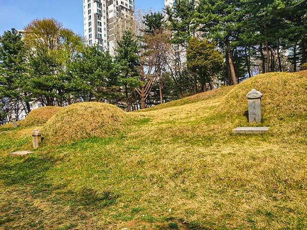노량진 사육신역사공원의 '칠신' 묘. 오른쪽부터 이씨, 유씨, 박씨, 김씨(김문기, 가묘), 류씨(류성원, 가묘), 성씨, 하씨지묘.