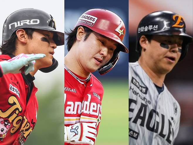 KIA 김도영, SSG 최정, 한화 노시환(왼쪽부터)이 홈런 경쟁에 불을 붙이며 치열하게 3루수 부문 골든글러브를 향한 치열한 경쟁을 펼치고 있다. 사진제공｜KIA 타이거즈·SSG 랜더스·한화 이글스